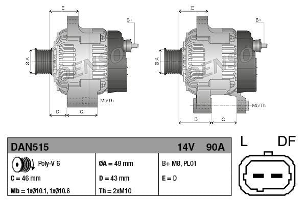 Alternator Fits Citroën C-Elysee C2 C2 Enterprise C3 C4 Peugeot 207 DENSO DAN515
