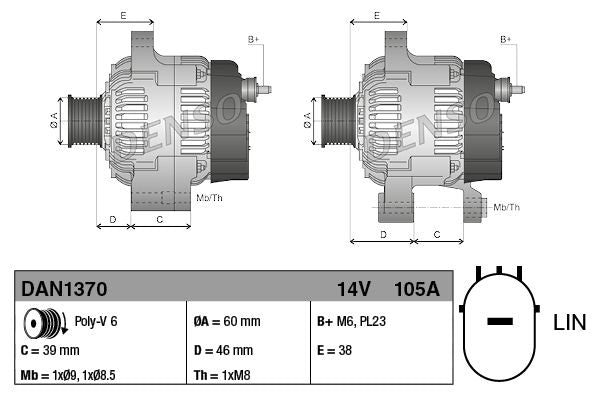 Alternator 14V Voltage 105A Charging Current Fits Honda CR-V DENSO DAN1370