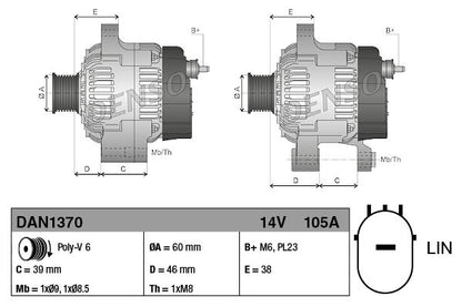 Alternator 14V Voltage 105A Charging Current Fits Honda CR-V DENSO DAN1370