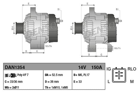 Alternator 14V Voltage 150A Charging Current Fits Lexus GS IS DENSO DAN1354
