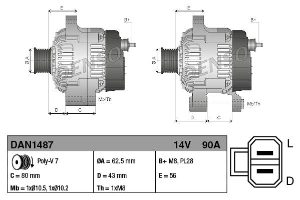 Alternator 14V Voltage 90A Charging Current Fits Isuzu D-Max Rodeo DENSO DAN1487