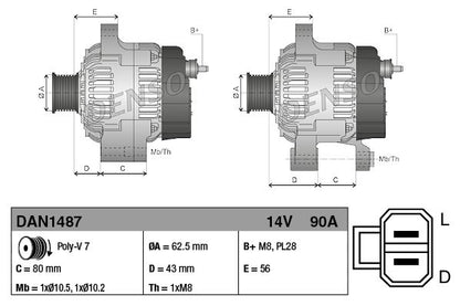 Alternator 14V Voltage 90A Charging Current Fits Isuzu D-Max Rodeo DENSO DAN1487