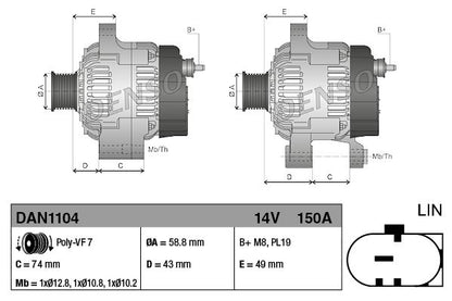 Alternator 14V 150A Charging Current Fits Land Rover Defender DENSO DAN1104