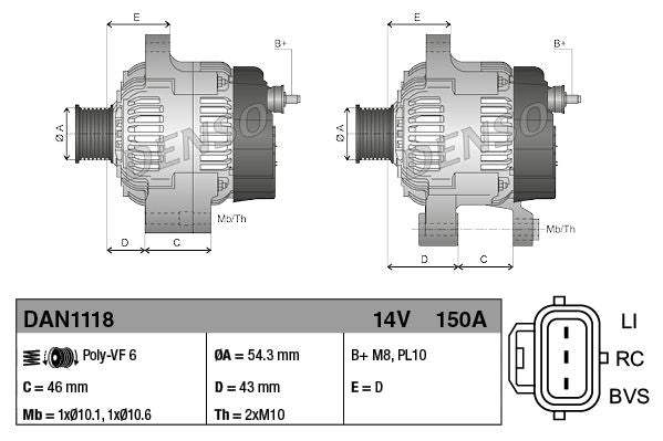 Alternator Fits Ford C-Max Focus Fusion Kuga Volvo C30 S40 V50 DENSO DAN1118