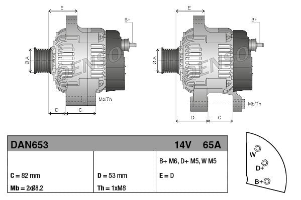 Alternator 14V 65A Charging Current No Belt Pulley Fits PERKINS DENSO DAN653