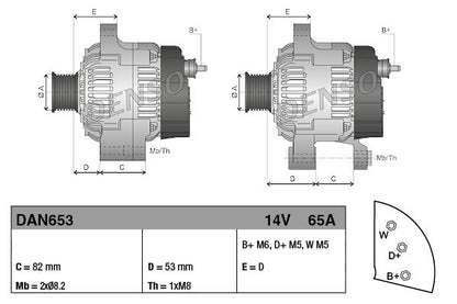 Alternator 14V 65A Charging Current No Belt Pulley Fits PERKINS DENSO DAN653