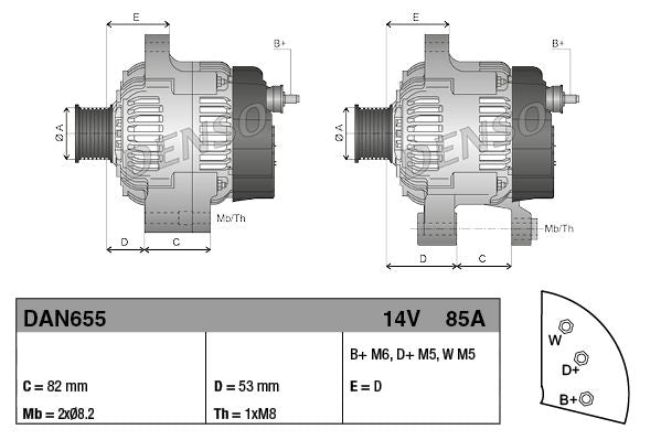 Alternator 14V 85A Charging Current No Belt Pulley Fits PERKINS DENSO DAN655