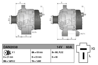 Alternator 14V Voltage 60A Charging Current 1 Rib Fits KUBOTA DENSO DAN2038