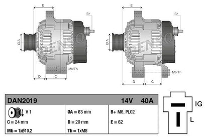 Alternator 14V Voltage 40A Charging Current 1 Rib Fits KUBOTA DENSO DAN2019