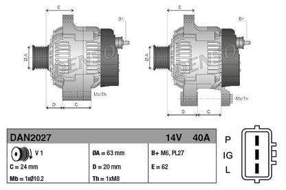 Alternator 14V Voltage 40A Charging Current 1 Rib Fits KUBOTA DENSO DAN2027