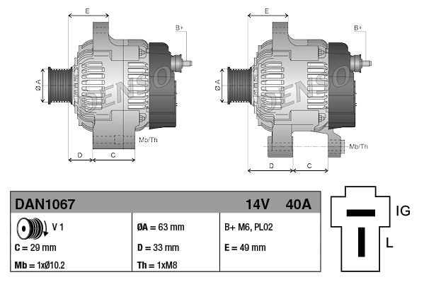 Alternator 14V Voltage 40A Charging Current Fits KUBOTA LOMBARDINI DENSO DAN1067