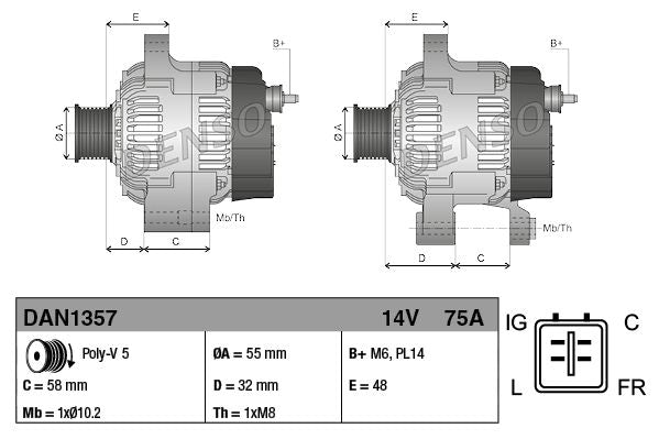 Alternator 14V Voltage 75A Charging Current Fits Suzuki Swift SX4 DENSO DAN1357