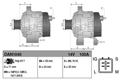 Alternator 14V Voltage 100A Charging Current Fits Toyota Avensis DENSO DAN1045