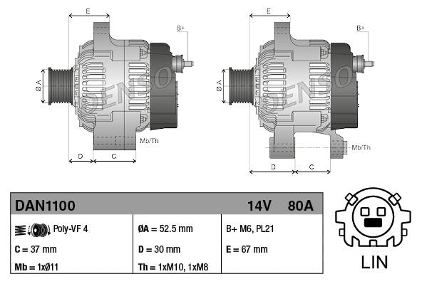 Alternator 14V 80A Charging Current Fits Toyota Auris Corolla DENSO DAN1100