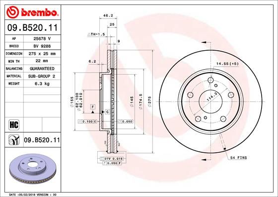 2x BREMBO 09.B520.11 Brake Disc Front Vented Fits Toyota Prius Plus RAV4