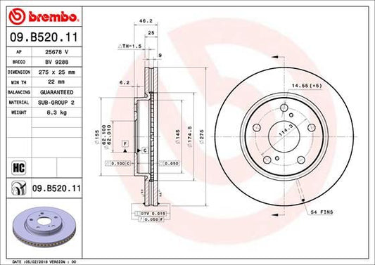 2x BREMBO 09.B520.11 Brake Disc Front Vented Fits Toyota Prius Plus RAV4