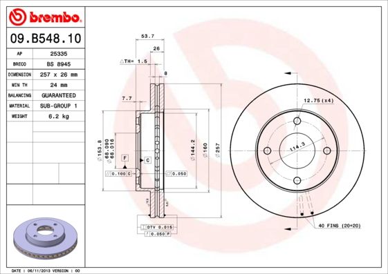 2x BREMBO 09.B548.10 Brake Disc Front Vented Fits Nissan NV200 / Evalia NV200