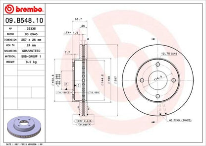 2x BREMBO 09.B548.10 Brake Disc Front Vented Fits Nissan NV200 / Evalia NV200