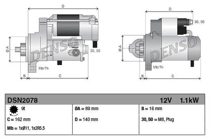 Starter 12V Voltage Clockwise Rotation 9 Teeth Fits YANMAR DENSO DSN2078