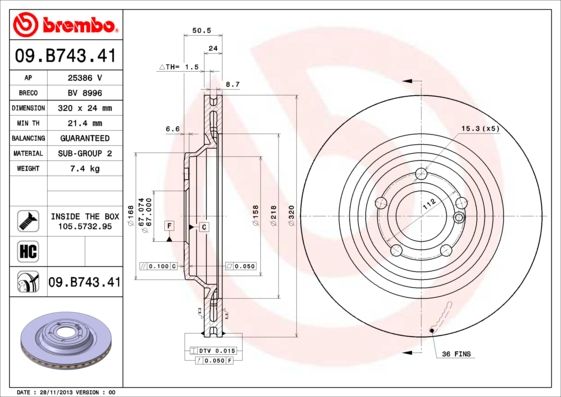 2x BREMBO 09.B743.41 Brake Disc Rear Internally Vented Fits Mercedes-Benz SL