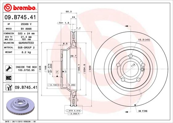 2x BREMBO 09.B745.41 Brake Disc Rear Vented Fits Mercedes-Benz CLS E-Class