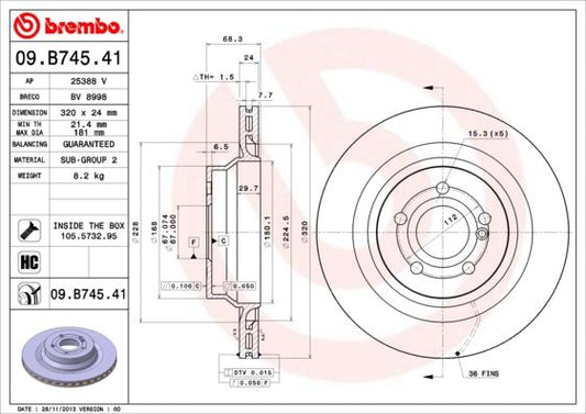 2x BREMBO 09.B745.41 Brake Disc Rear Vented Fits Mercedes-Benz CLS E-Class