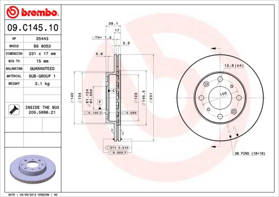 2x BREMBO 09.C145.10 Brake Disc Front Vented Fits Honda Jazz City Life Logo