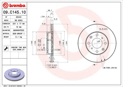 2x BREMBO 09.C145.10 Brake Disc Front Vented Fits Honda Jazz City Life Logo