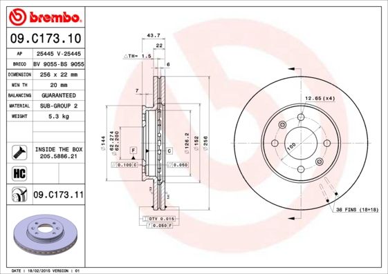 2x BREMBO 09.C173.11 Brake Disc Front Internally Vented Braking Fits Kia Rio