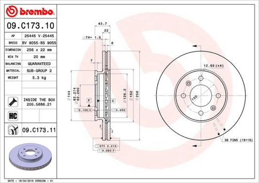 2x BREMBO 09.C173.11 Brake Disc Front Internally Vented Braking Fits Kia Rio