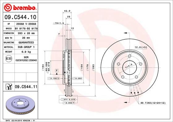 2x BREMBO 09.C544.11 Brake Disc Front Vented Fits Nissan Leaf NV200 Evalia NV200