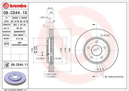 2x BREMBO 09.C544.11 Brake Disc Front Vented Fits Nissan Leaf NV200 Evalia NV200