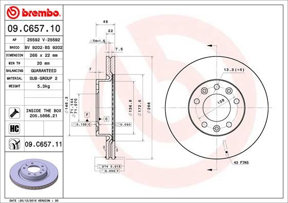 2x BREMBO 09.C657.11 Brake Disc Front Internally Vented Fits Peugeot 308 308 SW