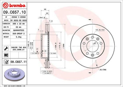 2x BREMBO 09.C657.11 Brake Disc Front Internally Vented Fits Peugeot 308 308 SW
