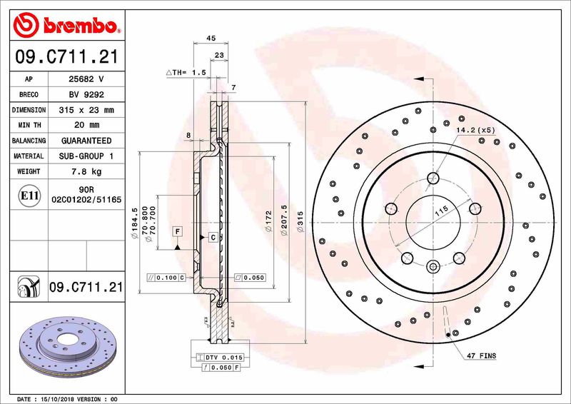 2x BREMBO 09.C711.21 Brake Disc Rear Fits Opel Astra Astra J Vauxhall Astra