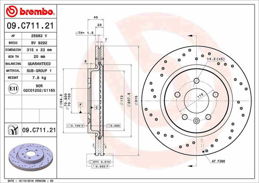2x BREMBO 09.C711.21 Brake Disc Rear Fits Opel Astra Astra J Vauxhall Astra