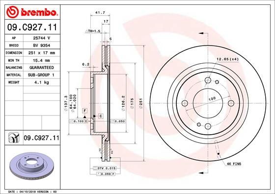 2x BREMBO 09.C927.11 Brake Disc Front Vented Fits Mitsubishi Mirage / Space Star