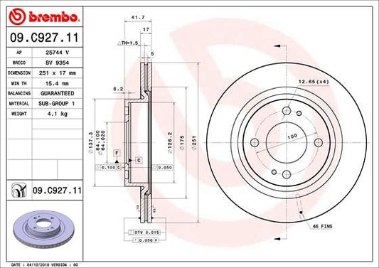 2x BREMBO 09.C927.11 Brake Disc Front Vented Fits Mitsubishi Mirage / Space Star