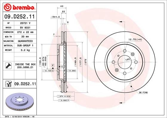 2x BREMBO 09.D252.11 Brake Disc Front Internally Vented Braking For Suzuki Swift