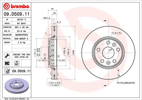 2x BREMBO 09.D509.11 Brake Disc Front Internally Vented Fits Mercedes Renault