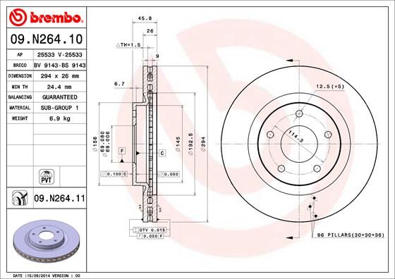 2x BREMBO 09.N264.11 Brake Disc Front Vented Fits Citroen Mitsubishi Peugeot