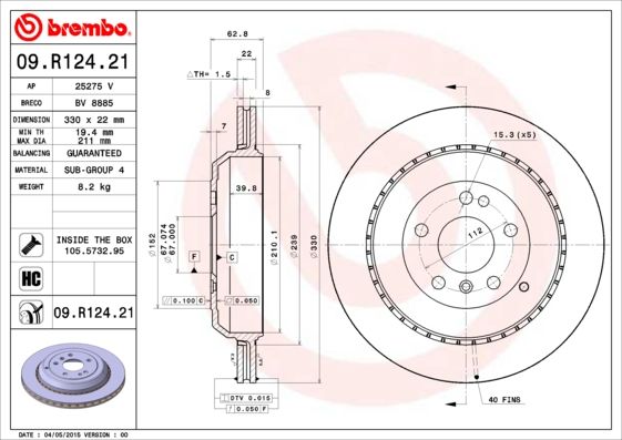 2x BREMBO 09.R124.21 Brake Disc Rear Fits Mercedes M-Class R-Class GL-Class
