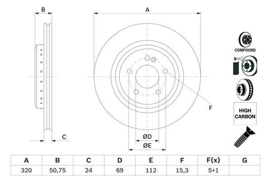 BOSCH 0986479G36 Brake Disc Rear 2-Piece Vented Fits Mercedes-Benz S-Class