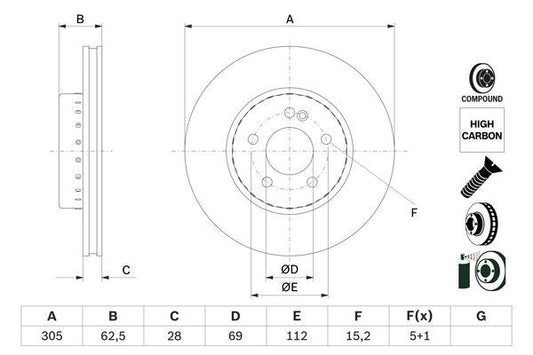 BOSCH 0986479H46 Brake Disc Front Vented 2-Piece Fits Mercedes C-Class E-Class