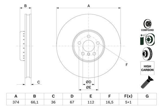 Bosch 0986479F60 Brake Disc Front Left Braking System Replacement Fits BMW