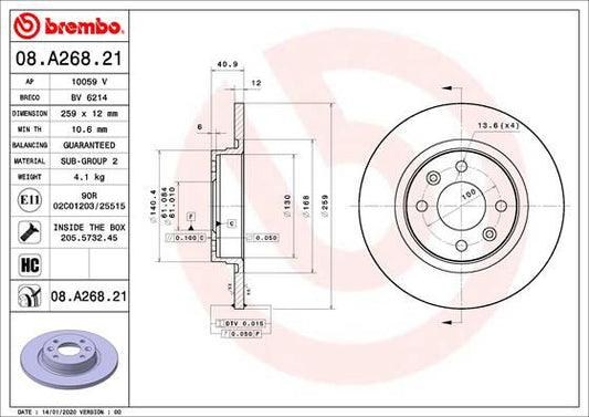 2x BREMBO 08.A268.21 Brake Disc Front Solid Braking System Fits Dacia Renault