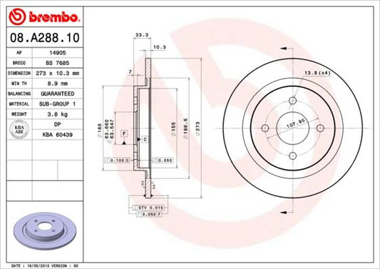 2x BREMBO 08.A288.10 Brake Disc Rear Solid Braking Fits Ford Sierra Panther Solo