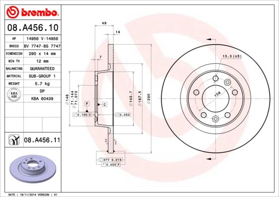 2x BREMBO 08.A456.11 Brake Disc Rear Solid Fits Citroen Fiat Peugeot Toyota