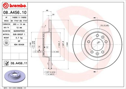 2x BREMBO 08.A456.11 Brake Disc Rear Solid Fits Citroen Fiat Peugeot Toyota