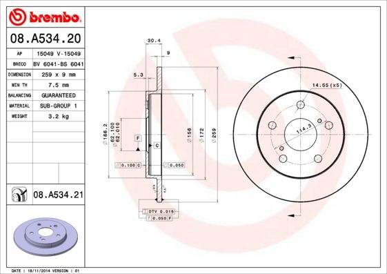 2x BREMBO 08.A534.21 Brake Disc Rear Solid Braking Fits Toyota Auris Corolla